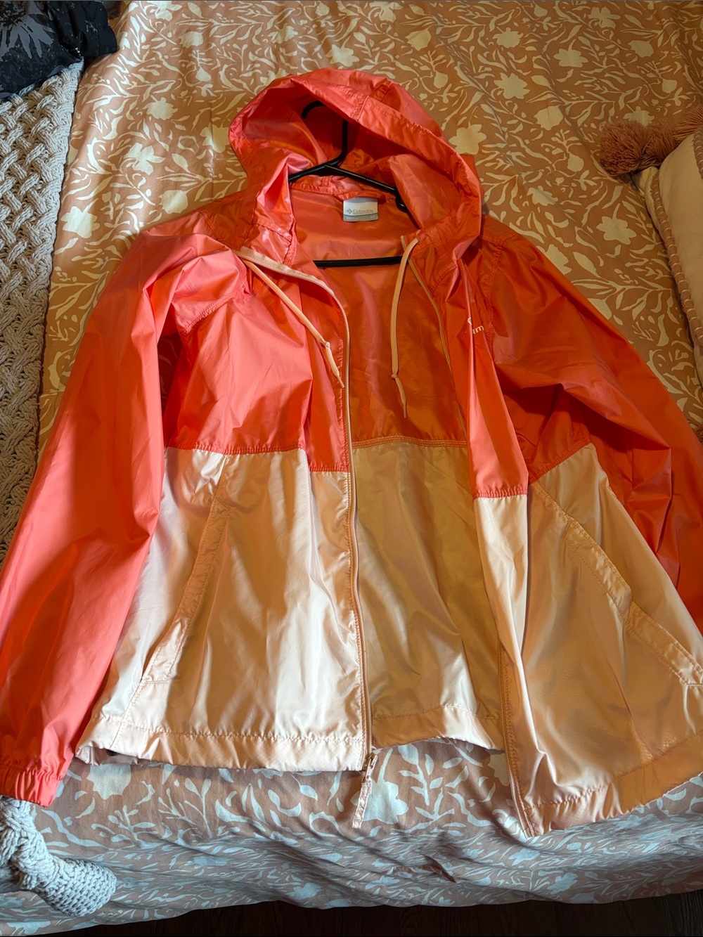 Columbia Two-Tone Hooded Windbreaker Jacket - Coral & Cream